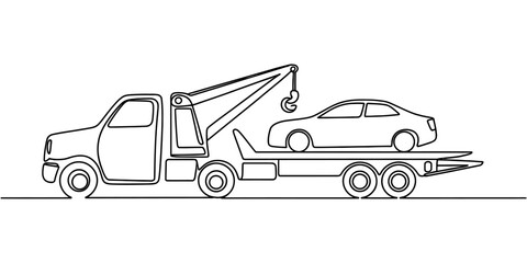 Obraz premium Continuous line drawing of a tow truck carrying a car on its flatbed with a crane hook.