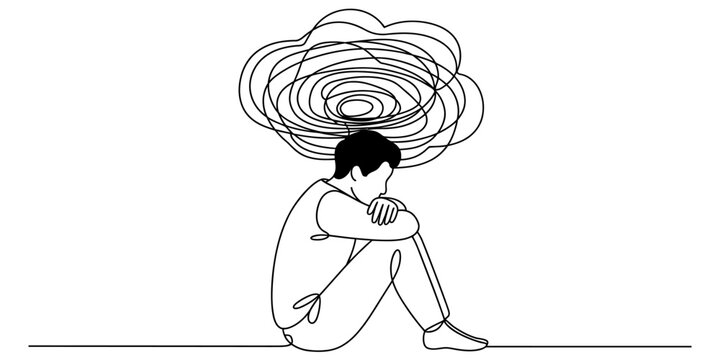 A continuous line drawing of a man sitting in despair with a chaotic cloud above his head.