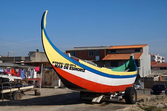Colorful moliceiro boat dry docked in Portugal