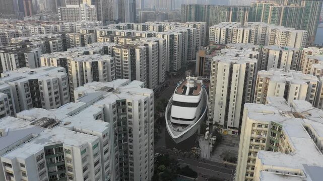 Tilting ascending drone shot of cruise ship shopping mall in middle of residential district in Hong Kong