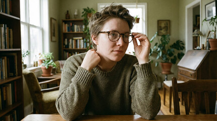 Person Wearing Eyeglasses Sitting in Cozy Home Interior with Plants