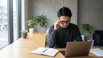 Man Wearing Eyeglasses Working on Laptop in Minimal Concrete Interior