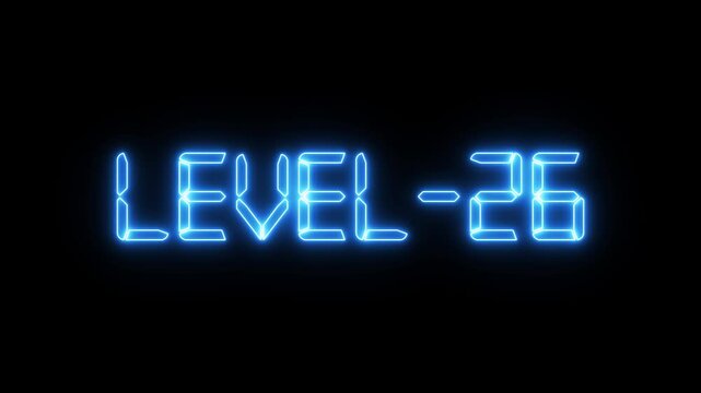 Level -26. Congrats. You Climbed to a Higher Level...Level -26. text font with neon light. Luminous and shimmering inside the letters of the text Level-26. gaming level -26 compiled animation.