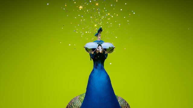 Humorous close-up photograph features a majestic blue peacock wearing reflective aviator sunglasses while sparkling glitter rains down creating a festive and quirky avian portrait.