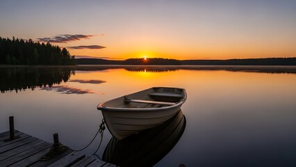 Fototapeta premium Serene lake scene with small boat at sunset