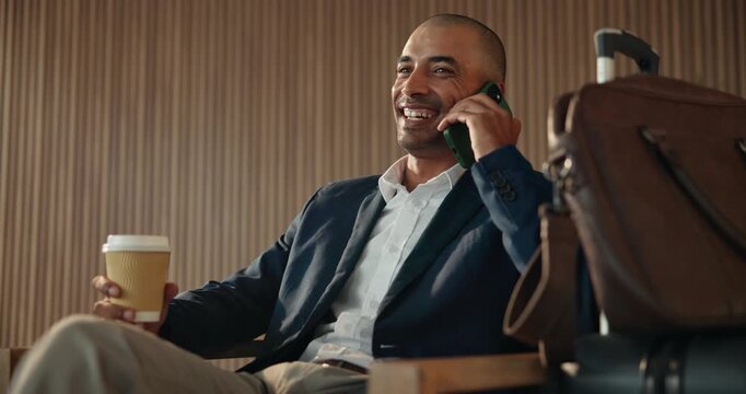 Phone call, coffee and business man in airport lounge for layover notice, flight schedule and contact. Communication, boarding pass and travel update with person and tech in lobby for waiting room