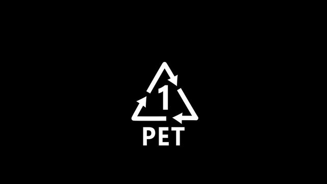 White PET recycling symbol with number 1 inside a triangle on a black background plastic