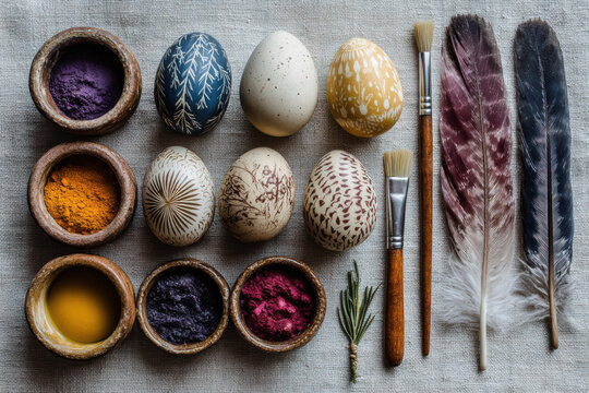 Beautifully hand-painted eggs using wax resist technique, brushes, pots of natural dye. Easter day