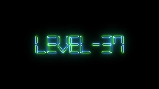 Level 37 text font with glowing neon light. Level Up neon sign tex animation.