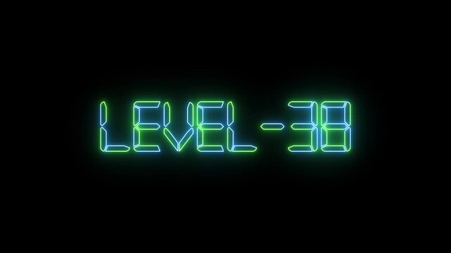 Level 38 text font with glowing neon light. Level Up neon sign tex animation.