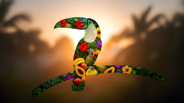 Vibrant tropical toucan silhouette filled with exotic fruits, lush green foliage, and colorful hibiscus flowers perched against a soft sunset jungle backdrop.