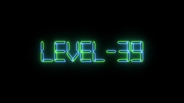 Level 39 text font with glowing neon light. Level Up neon sign tex animation.