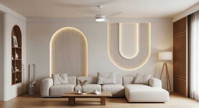 Modern living room with white L-shaped sectional sofa, low wooden coffee table, dramatic backlit arched and U-shaped wall panels and ceiling fan