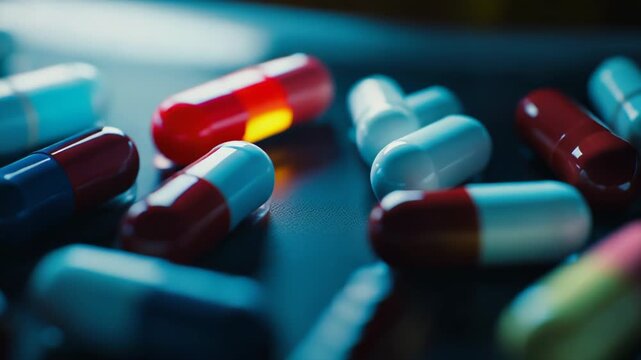 Pills and capsules scattered on a dark surface in vivid colors, close up macro evoking medicine, healthcare, pharmacology, treatment, addiction and overdose concerns
