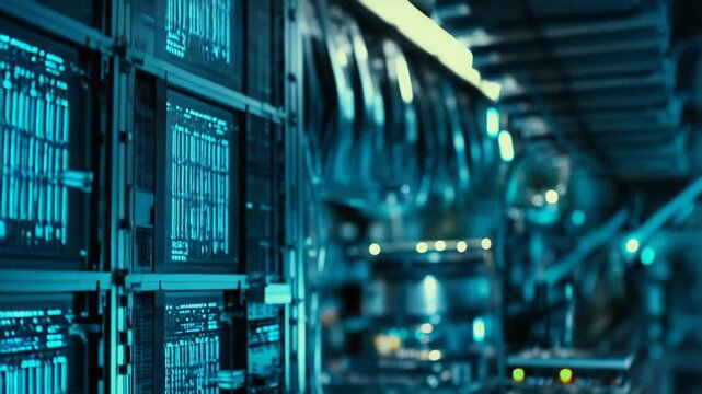 Quantum computer rack pulsating with blue light in a high tech data center, illustrating advanced cybersecurity and powerful artificial intelligence concepts