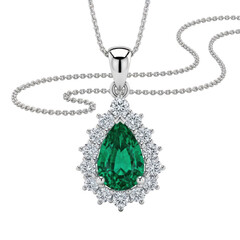 Elegant silver necklace with a large pear shaped green emerald pendant isolated on transparent background