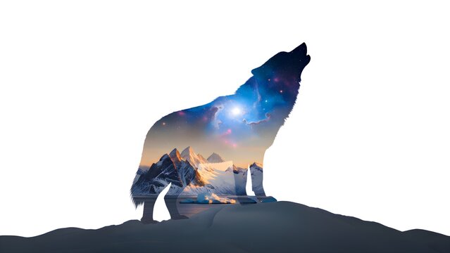 Majestic silhouette of a howling arctic wolf filled with a cosmic galaxy superimposed over icy, snow-covered mountain peaks beneath a brilliant night sky scene.