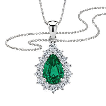 Elegant silver necklace with a large pear shaped green emerald pendant isolated on transparent background