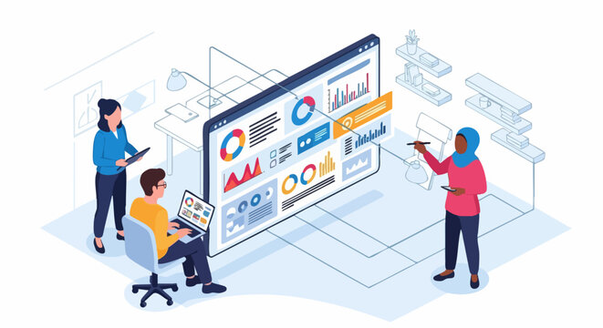 Data analysis and business intelligence isometric vector illustration. Three diverse people collaborate around a large screen displaying various charts, graphs, and data visualizations