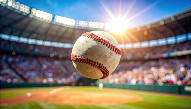 Home Run Moment: Flying baseball soaring across sports arena with blurred crowd
