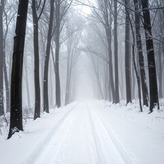 Snowy forest road leads into the distance, trees lining both sides in foggy winter scene