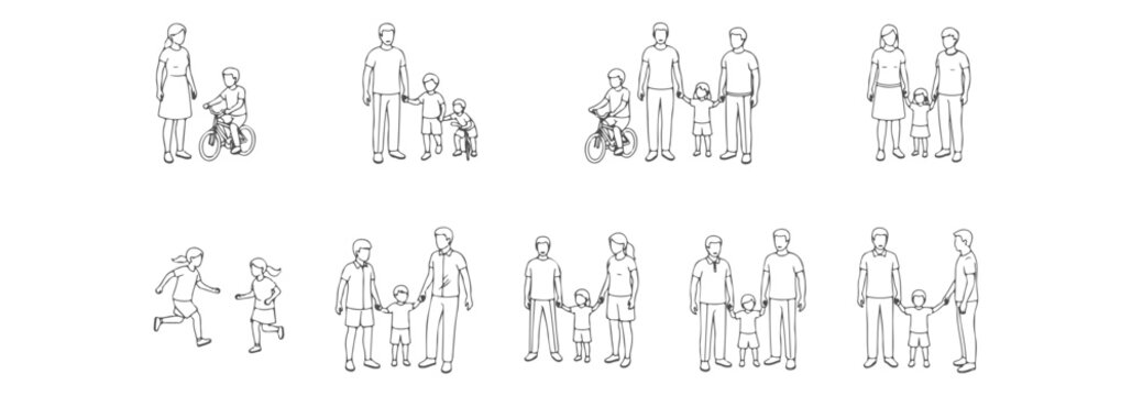 Minimalist Family Vector Illustration, Thin Line Art of Parents and Children Holding Hands, Walking and Playing, Human Scale Figures for Architectural Sections, Elevations and Design Projects