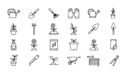 Gardening line icon set vector monochrome garden tools plants isolated on transparent background © MdAshik