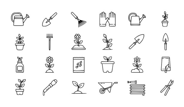 Gardening line icon set vector monochrome garden tools plants isolated on transparent background