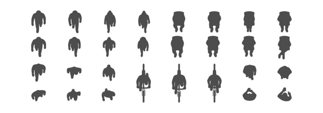 Top View People Silhouette Vector Set, Overhead Human Figures Walking Sitting and Cycling, Minimalist Flat Line Icons for Architectural Floor Plans, Site Maps, Urban Design