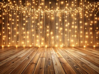 Warm glow of fairy lights illuminating a rustic wooden backdrop and floor, perfect for festive occasions