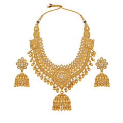 Traditional indian gold necklace set with intricate designs and earrings isolated on transparent background