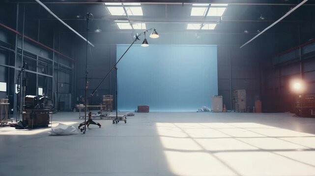 Spacious film studio soundstage providing an empty blue screen backdrop, ready for movie production, multimedia content creation, and cinematic special effects
