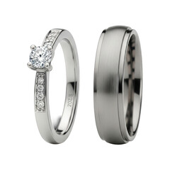 Two silver wedding bands with diamond on white gold setting isolated on transparent background