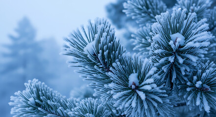 A detailed close-up shot reveals delicate pine needles heavily covered with sparkling frost and fresh white snow, creating a serene winter wonderland scene.