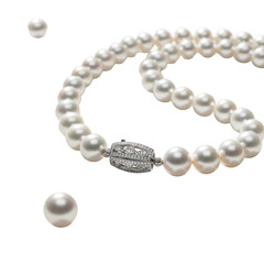 Elegant pearl necklace with diamond clasp on transparent background