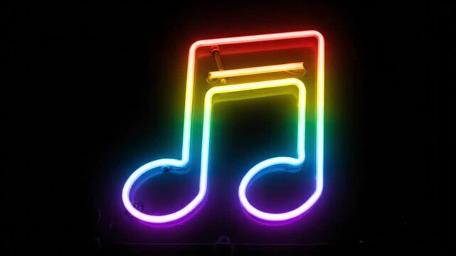 Vibrant rainbow neon music note on dark background