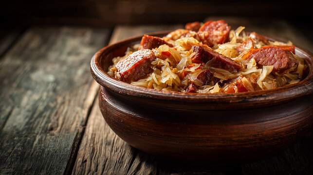  traditional polish bigos hunters stew with meat and sauerkraut in a clay pot on dark wooden table