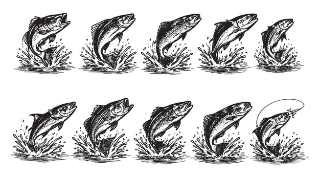 Black and white ink drawing of jumping fish with splashing water, ideal for fishing related designs, posters, or logo templates.