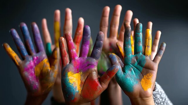 Unity in diversity showing hands raised high painted in vibrant colors, solidarity and cultural expression symbolism, with copy space