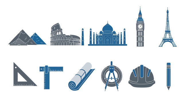 Architectural landmarks silhouettes and drafting tools in blue and gray