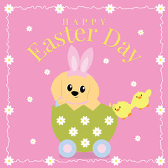 Happy Easter Puppy and Chicks in an Egg Cart