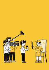 
Film Crew Interviewing Painter Holding Brush in Art Studio Vector Illustration

