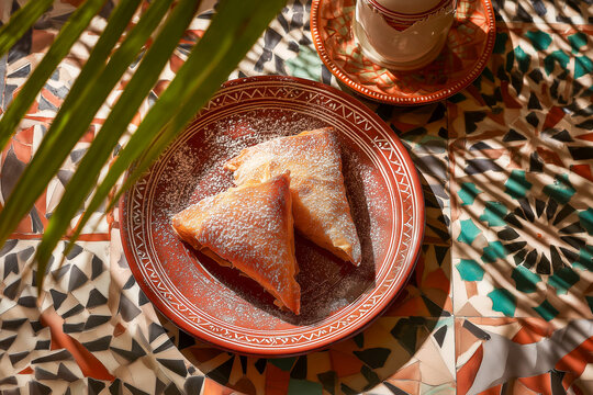 top view of crispy chicken pastilla with cinnamon and sugar on mosaic table in authentic moroccan riad