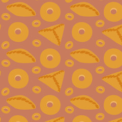 Seamless bakery pattern with croissant, donut and pastry on terracotta background. Warm flat food illustration for cafe branding and packaging.