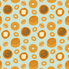 Seamless bun and swirl pastry pattern on soft mint background. Flat bakery vector for menu design, wrapping paper and cafe branding.