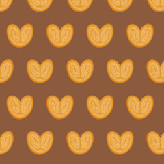 Seamless heart shaped pastry pattern on cocoa brown background. Warm bakery vector for cafe branding, packaging and textile design.