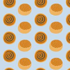 Seamless round bun pattern on powder blue background. Flat bakery vector illustration for cafe menu, wrapping paper and branding design.