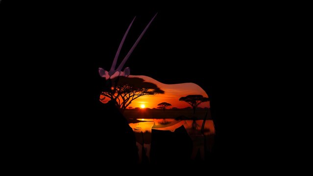 Striking silhouette image expertly combines a majestic oryx antelope profile with a vibrant African savanna sunset reflecting over still water.