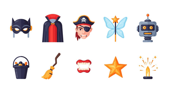 Ten flatstyle Halloween and costume icons arranged in two rows