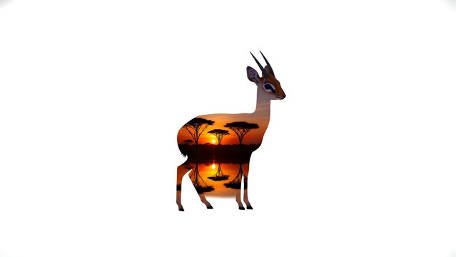 Striking double exposure graphic design featuring a silhouette of a small African antelope filled with a vivid sunset over a reflective watering hole landscape.